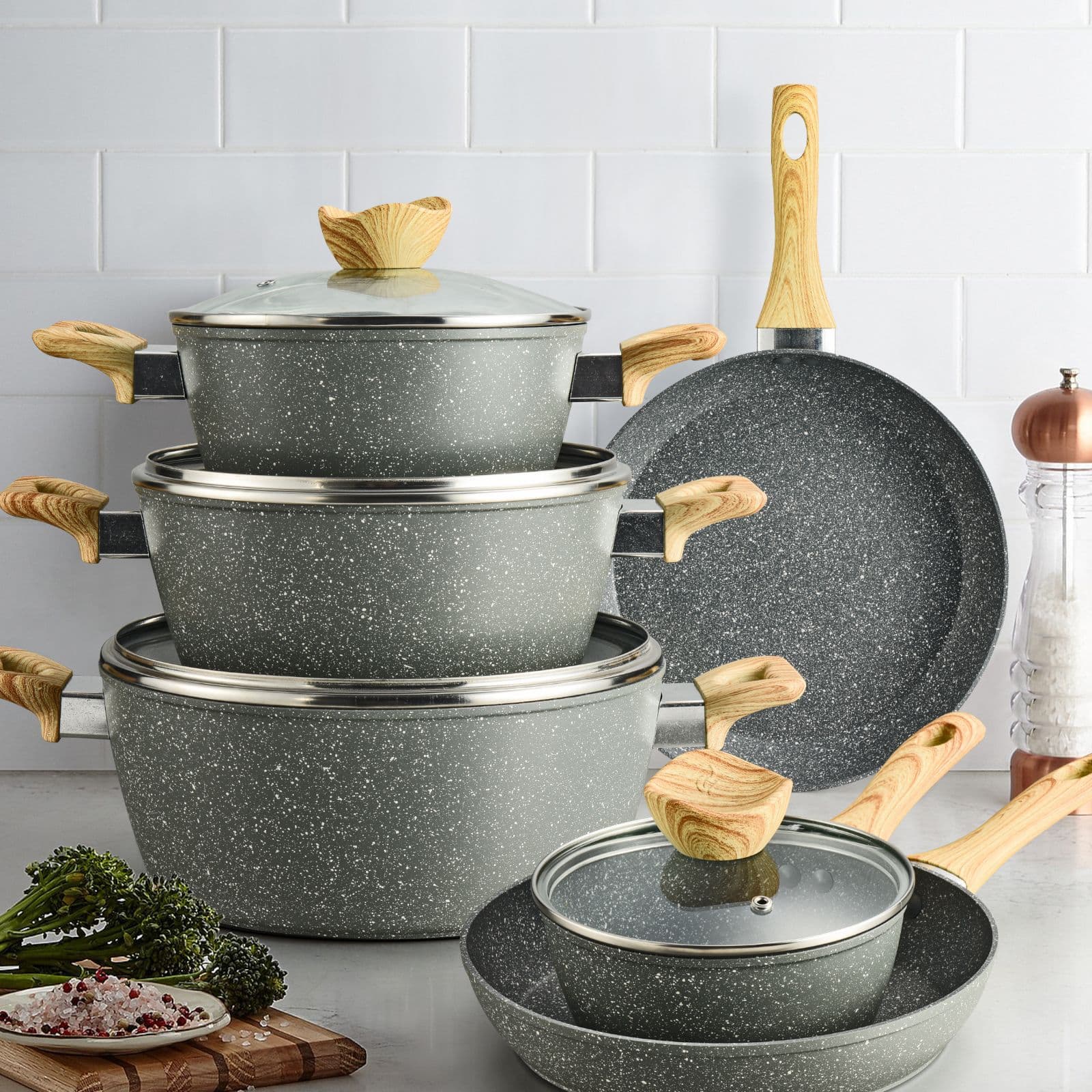 Non-Stick Marble Frying Pan Set with Glass Lid, Aluminum Material, Universal for Induction Cooker, Home Kitchen Utensils Pot