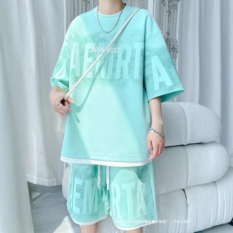 Youth English Short Sleeve T-Shirt with Shorts Trendy Fashion Summer Plus Size Cool Casual Sport Set for Men