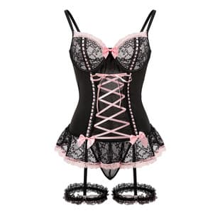 Export European and American Pure Sweet Girl Style See-Through Lace Trim Bow Tie Leg Band Women's Bodysuit Color-Block Set
