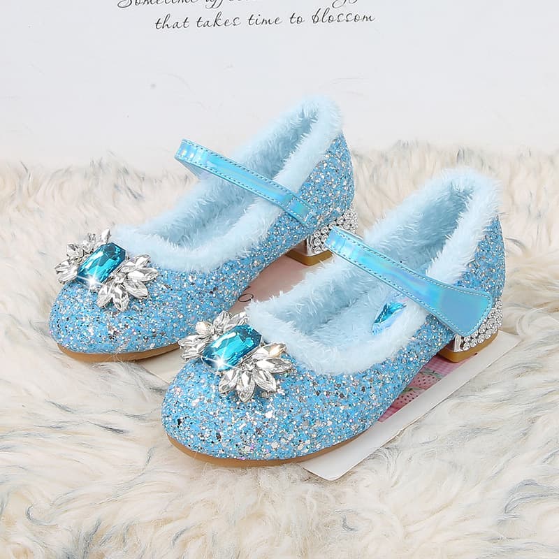 New winter style princess shoes for girls, fleece-lined and warm, suitable for medium and large children, crystal shoes for little girls.