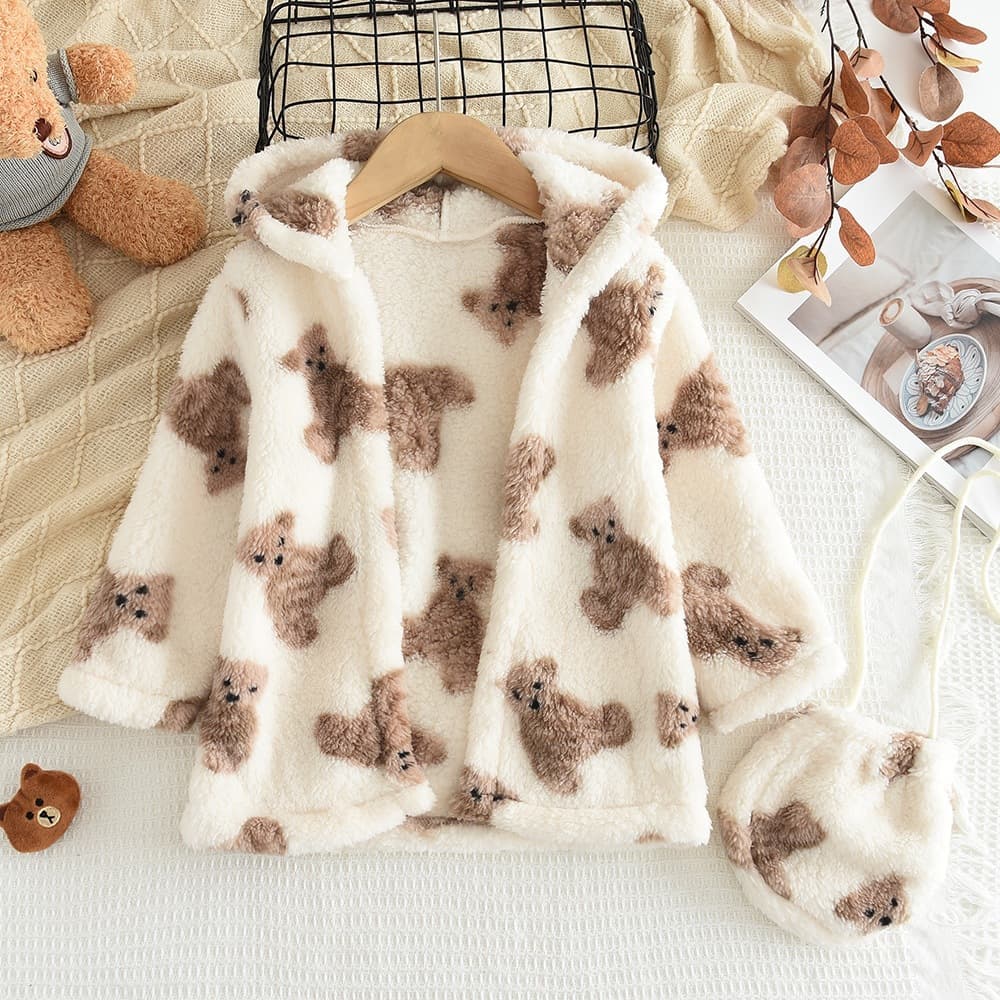 New European and American Children's Fall/Winter Fleece Jacket, Cute Bear Coral Fleece Hooded Jacket for Boys and Girls, Baby Fashion