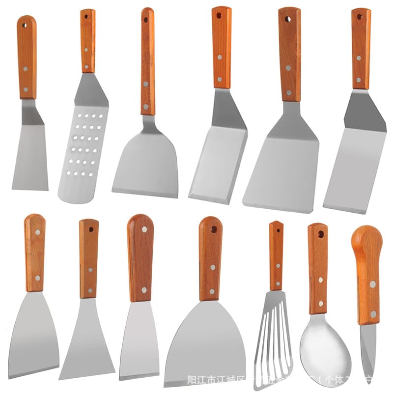 Household Stainless Steel Utensil with Wooden Handle, Hamburger Flipper, Three-Sided Cooking Pizza Spatula Kitchen Tool