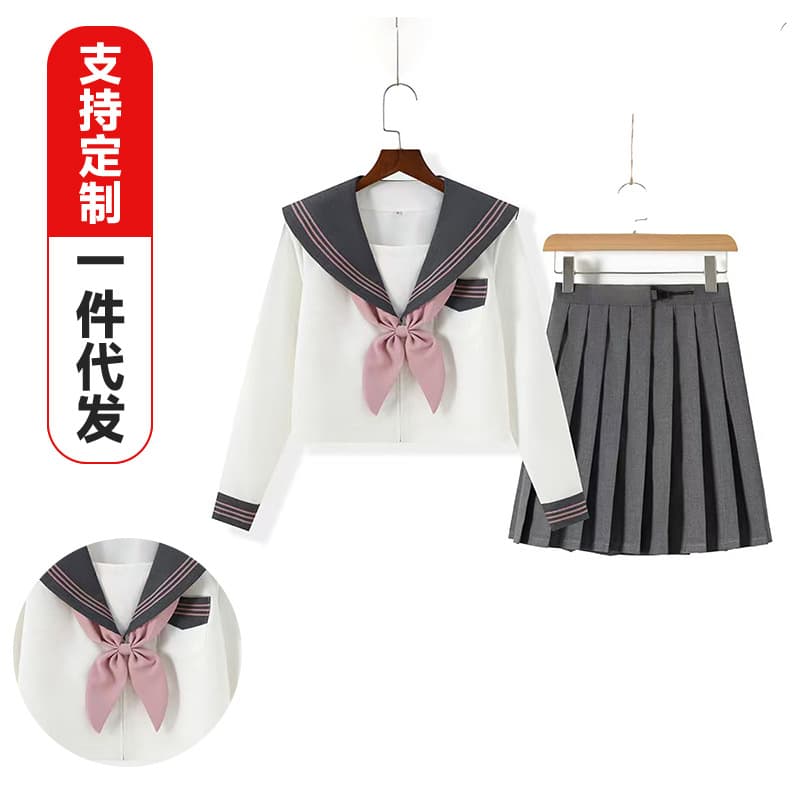 Authentic sailor uniform/JK school uniform skirt set, new gray three-piece long-sleeved pleated skirt, preppy style, basic Kansai collar, complete set.