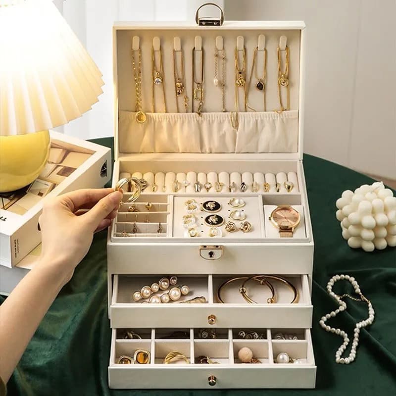 Large Three-Tier Premium Jewelry Box Desktop Organizer with Compartments for Rings, Necklaces, Earrings and Accessories