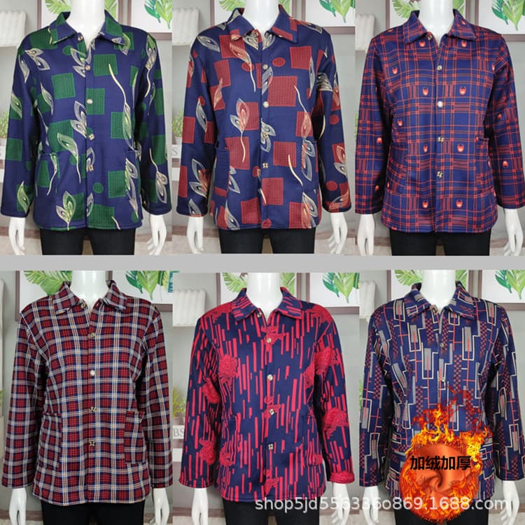 Low-Price Clearance Middle-Aged and Elderly Women's Long-Sleeve Ant Fleece Flannel Warm Shirt Casual Mother's Plaid Top