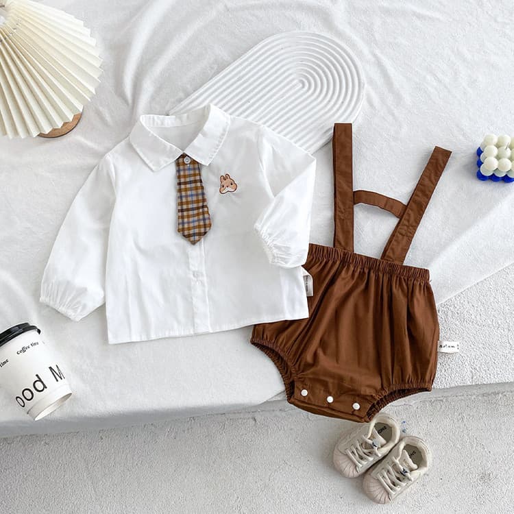 Spring/Autumn Baby Set with Suspenders Two-Piece Outfit for Toddlers, Photo-Ready School Style Bodysuit with Diaper Cover