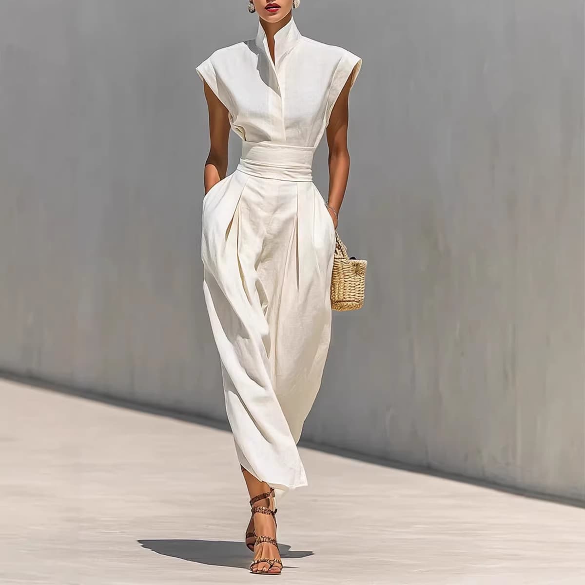 2026 EU/US Women's Elegant Spring-Summer New High-Waist Midi Skirt High Neck Loose Top Office Dress