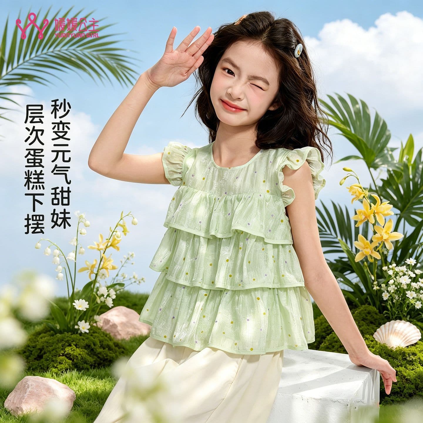 Yuanyuan Princess Girls Polka Dot Doll Shirt 2026 Summer Ruffle Tencel Blouse Sun Protection Cover-Up Kids T-Shirt