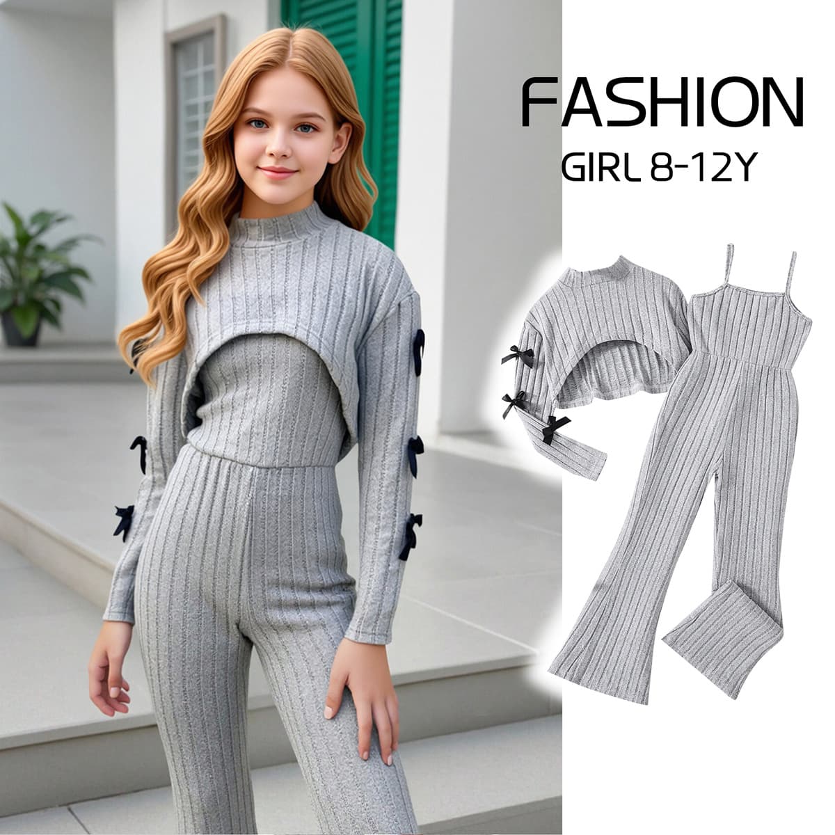 Cross-border Kids Spring/Autumn Long-Sleeve Jacket + Jumpsuit Set for Girls Ages 8-12, European/American Style Children's Outfit