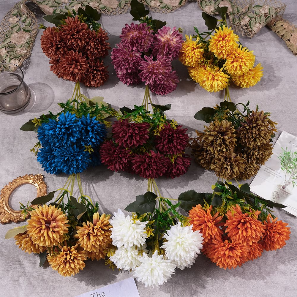 Simulated 6-Branch Autumn Ball Chrysanthemum Artificial Flower Bouquet, Faux Flowers, Silk Flowers for Wedding, Home, Restaurant Table Decoration