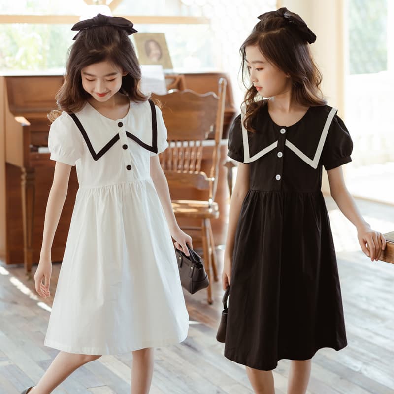 2025 Girls' Clothing Student Short-Sleeved Dress Long Skirt Cute Summer Korean Style Little Girl Cotton Skirt One-Piece Wholesale Pleated