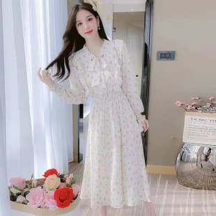 Improved version, please check the actual product before ordering. French-style ruffled floral dress for women, new autumn style, waist-cinching.