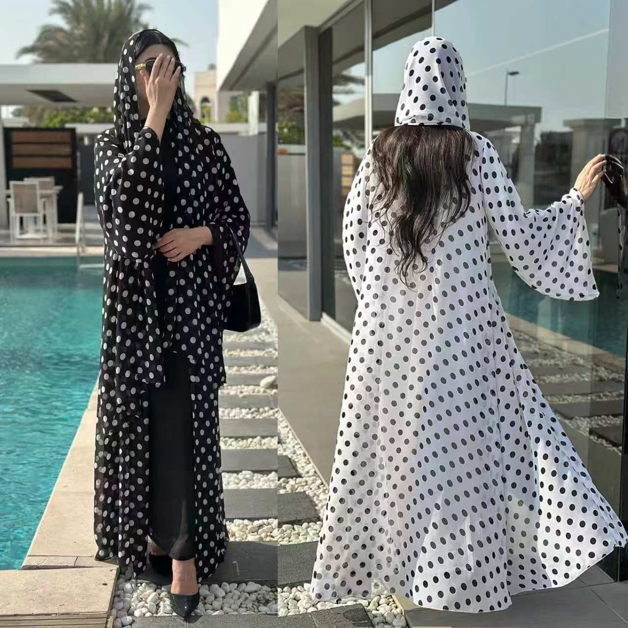 HY174 Polka Dot Chiffon Printed Long Cardigan Set - Chiffon Draped Outerwear with Headscarf Two-Piece Set, Loose Fit Women's Clothing