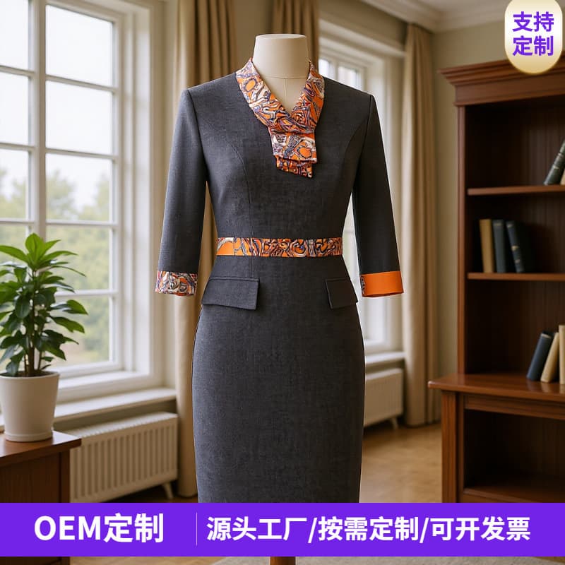 Custom Flight Attendant Uniform Elegant Professional Dress Mid-Sleeve Bodycon Skirt Front Desk Workwear Property Reception Formal Dress