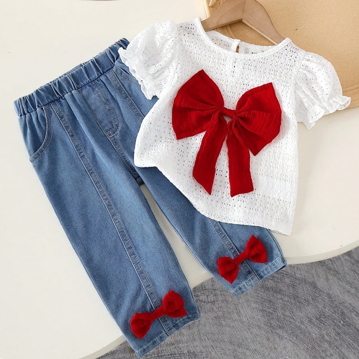 Baby Girls Clothes 0-3Y Summer Bubble Sleeve Bow Top + Denim Long Pants In Stock