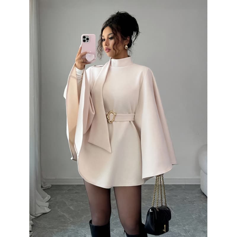 Women's Autumn/Winter New Fashion Elegant Stand Collar Waist-Cinched Flared Sleeve Solid Color Cape-Style Wool Coat