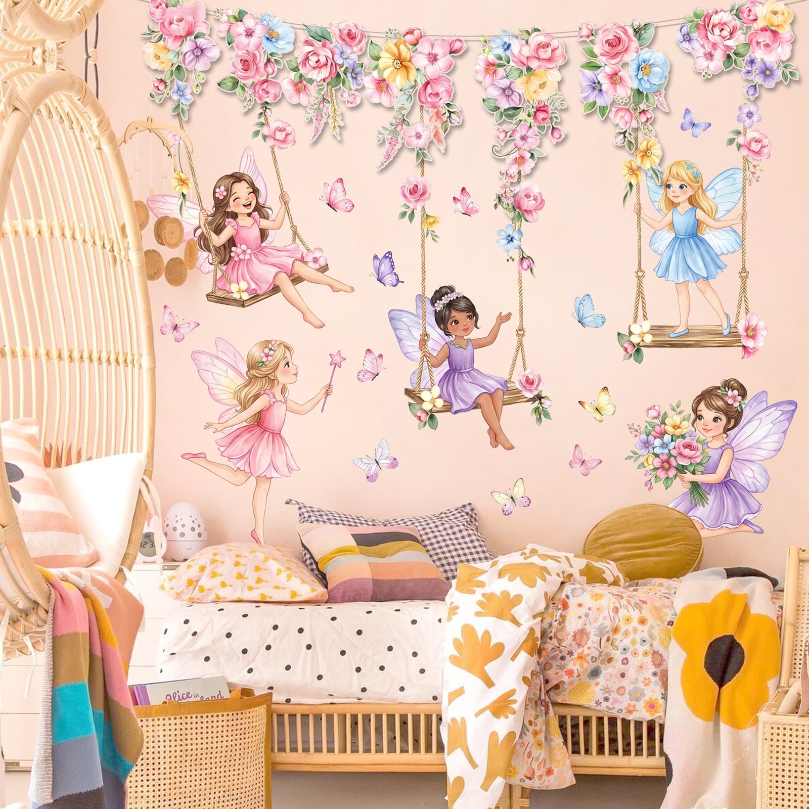 Animal Purple Elf Flower Swing Butterfly Flower Sticker Living Room Bedroom Background Wall Home Decoration Self-Adhesive Wall Sticker