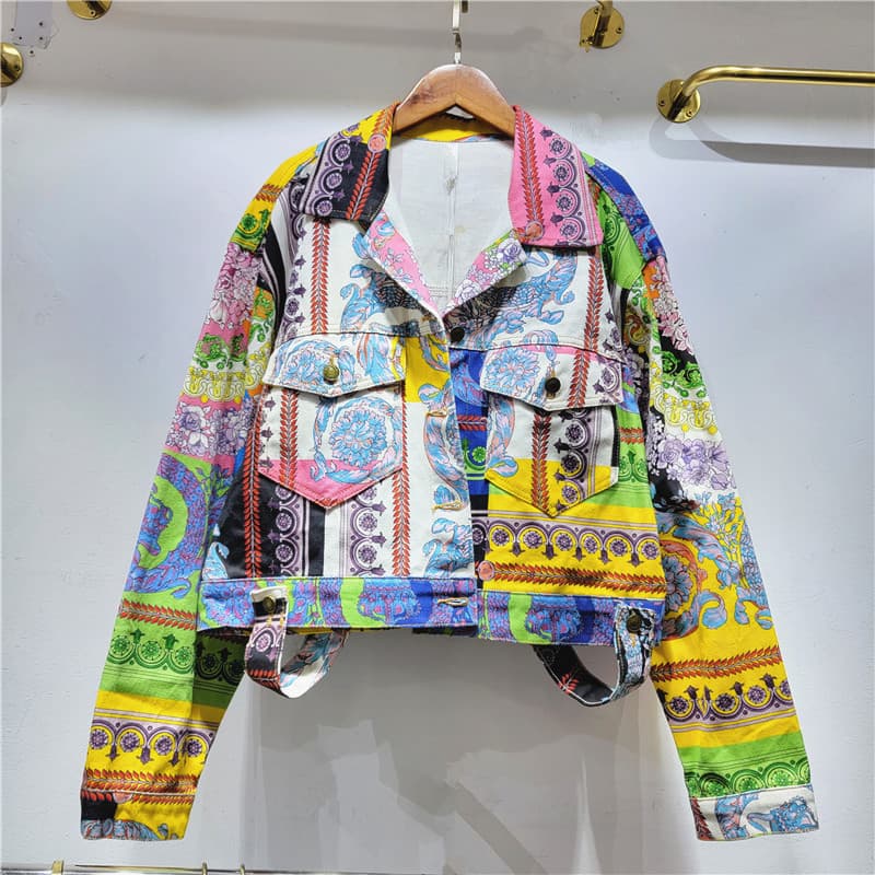 Retro Printed European Denim Women's European Style 2024 Spring New Notch Lapel Slimming Loose Short Jacket Fashion