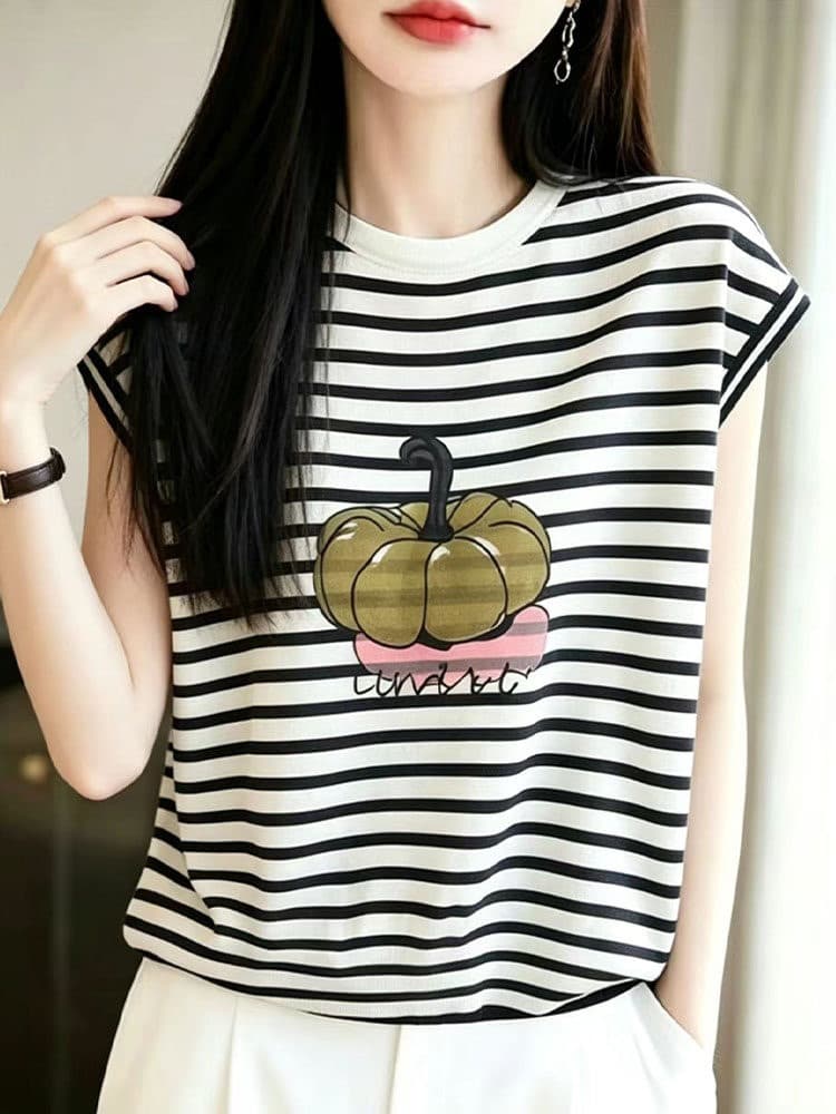 Vintage Striped Curved Yarn Ice Silk Short Sleeve Knit Top for Women, Chic, Slimming, Pumpkin Print, Loose Fit, Pullover