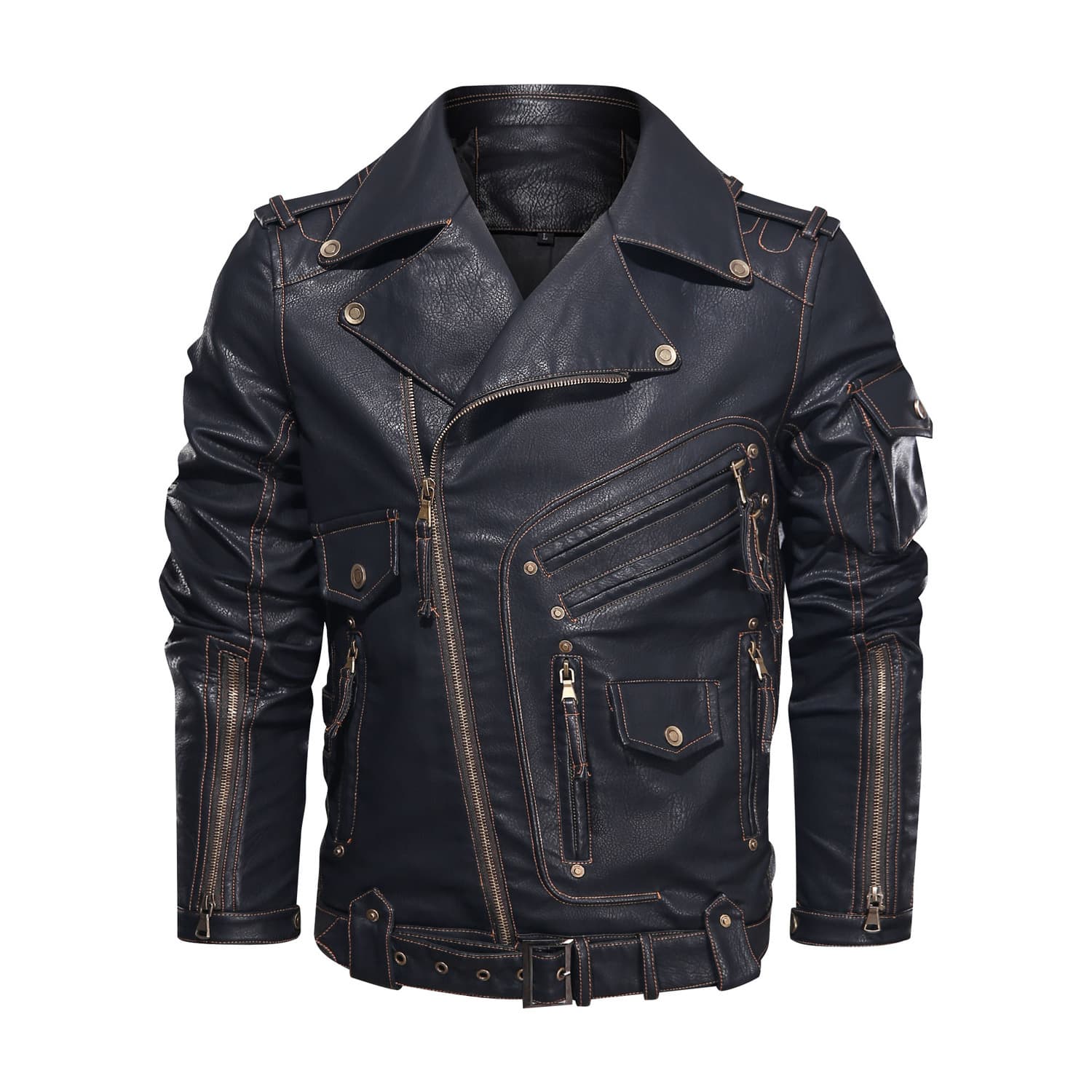 Men's PU Leather Jacket 2025 Spring Autumn Street Style Zipper Closure Multi Pocket Hard Man Leather Collar Biker Coat