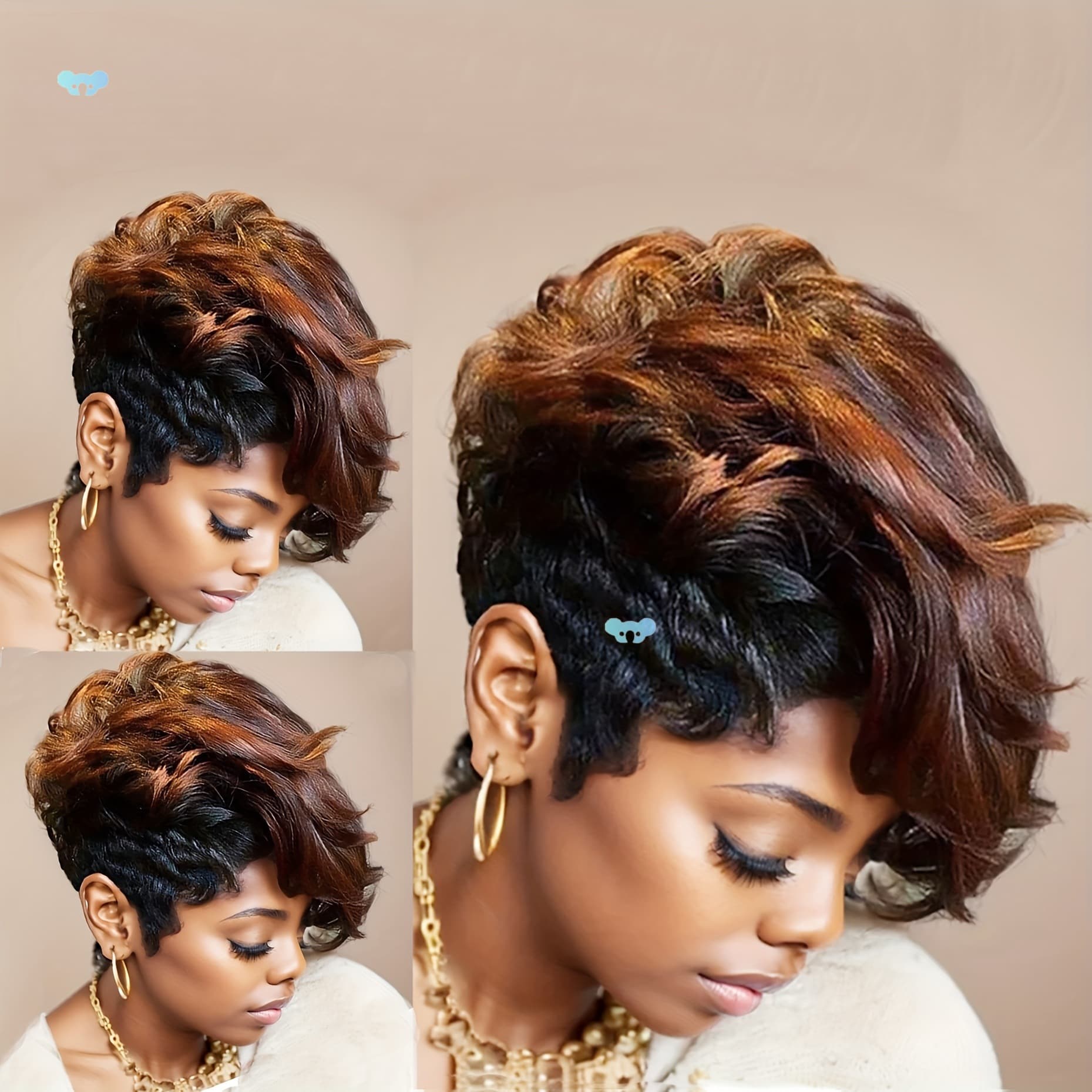 Short Black Wig with Mixed Brown Blonde Bangs Elegant Curly
