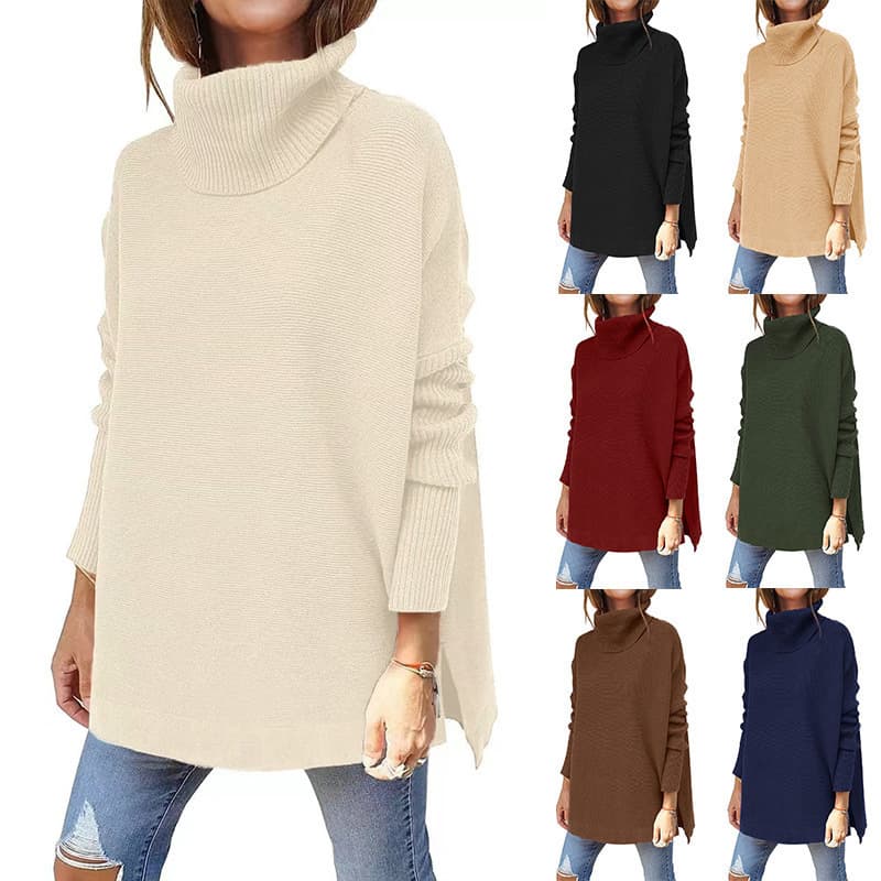 High Collar Knitted Sweater Midi Length Batwing Sleeve Overhead for Women Thickened Woolen Pure Color Commute Elegant Style
