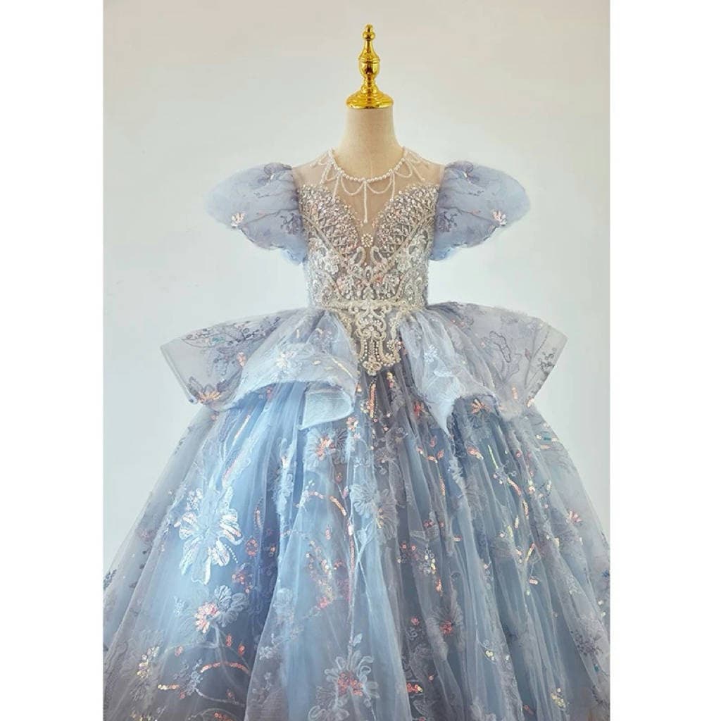 Children's Evening Host Dress, French Blue Flower Girl Birthday Princess Dress, Stunning Wedding Gown, Piano Performance Costume