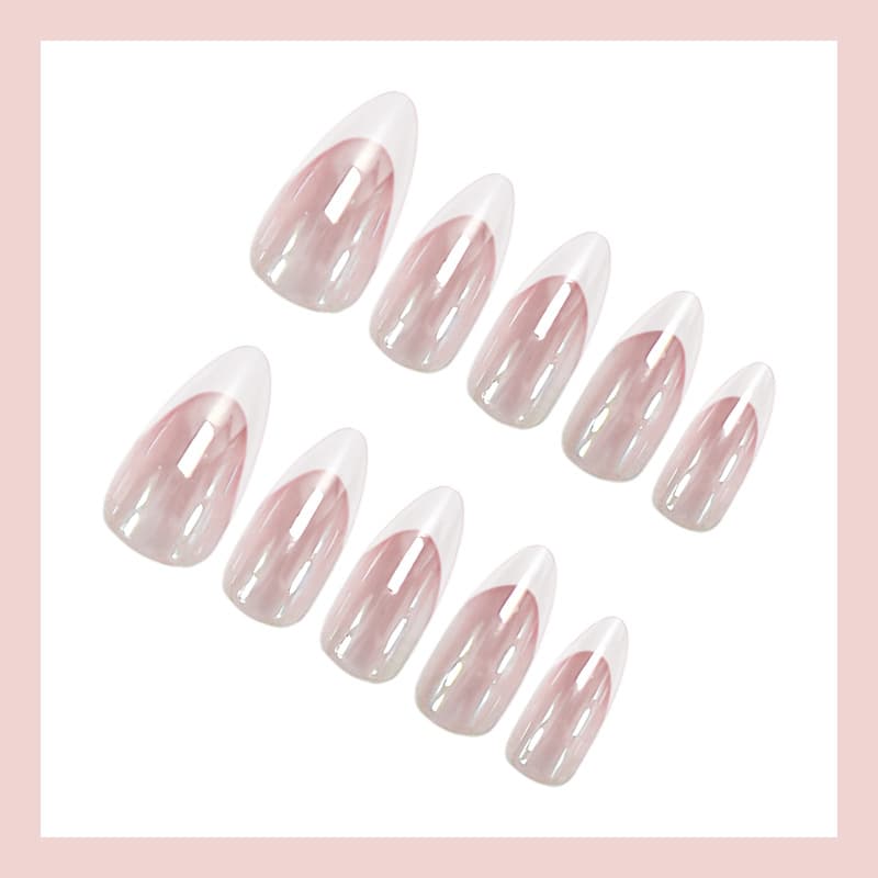 Best-selling coated shimmer press-on nails, French pink short almond style fake nails