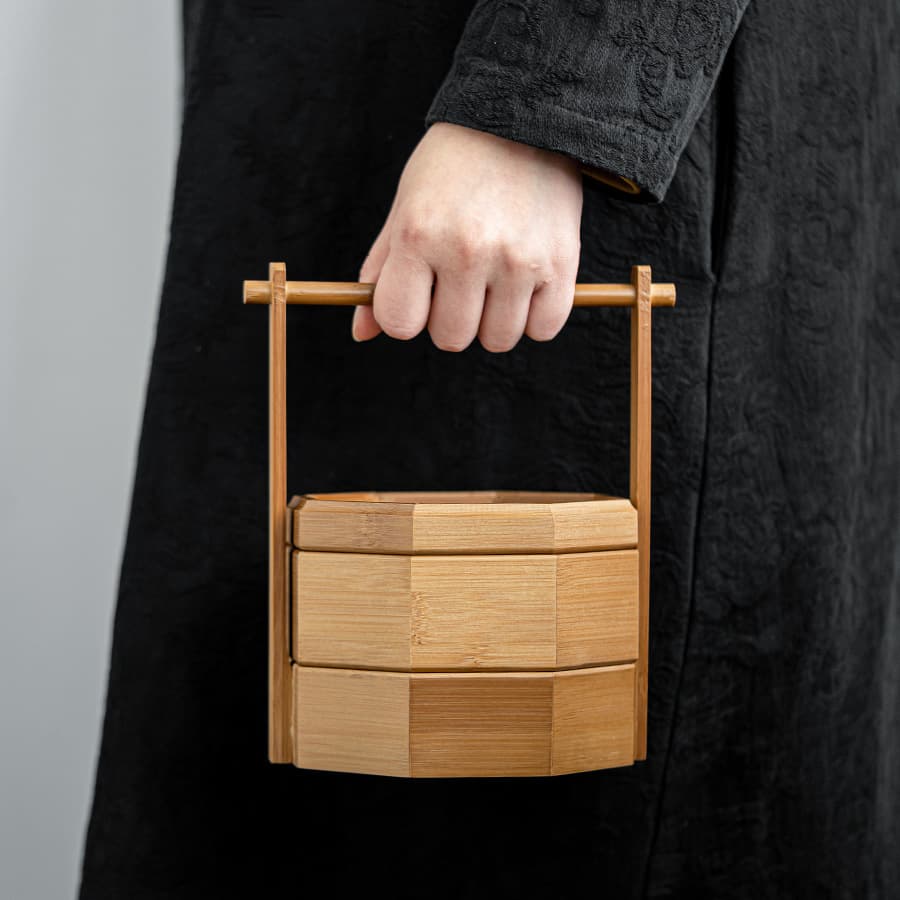 New Chinese-style Retro Bamboo Wood Handled Basket Fruit Tea Snack Mooncake Packaging Portable Storage Box Outdoor Portable Storage Box
