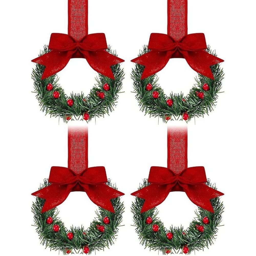 Christmas Cabinet Wreath for Kitchen with Ribbon Bow and Red Berries, Small Window Wreath for Christmas Party Decor