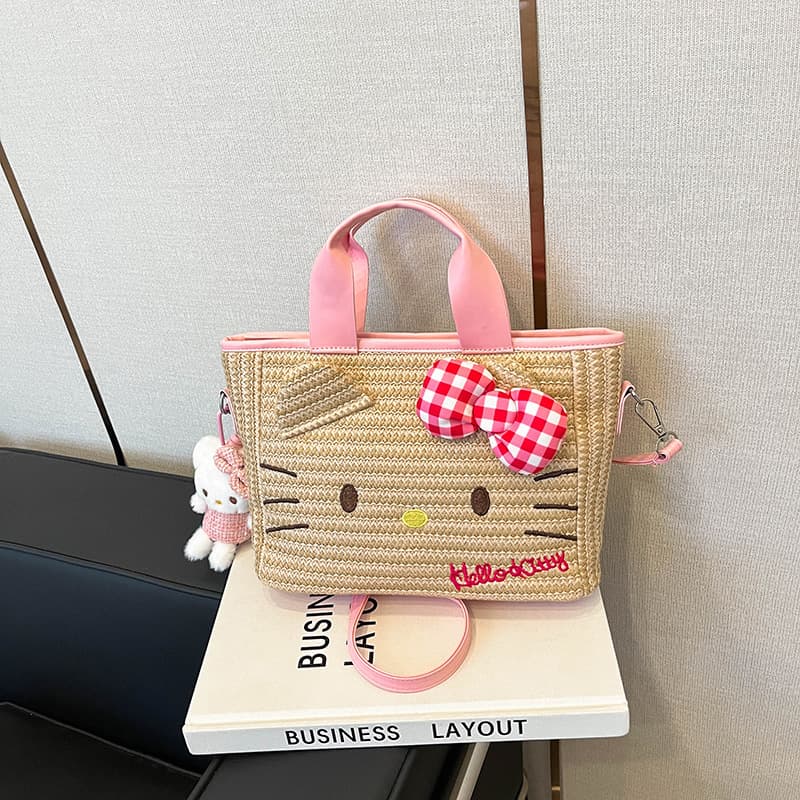 Straw Embroidered Cat Handbag, Niche Commuter Bag for Women, Cute and Stylish Cartoon Shoulder Crossbody Children's Bag