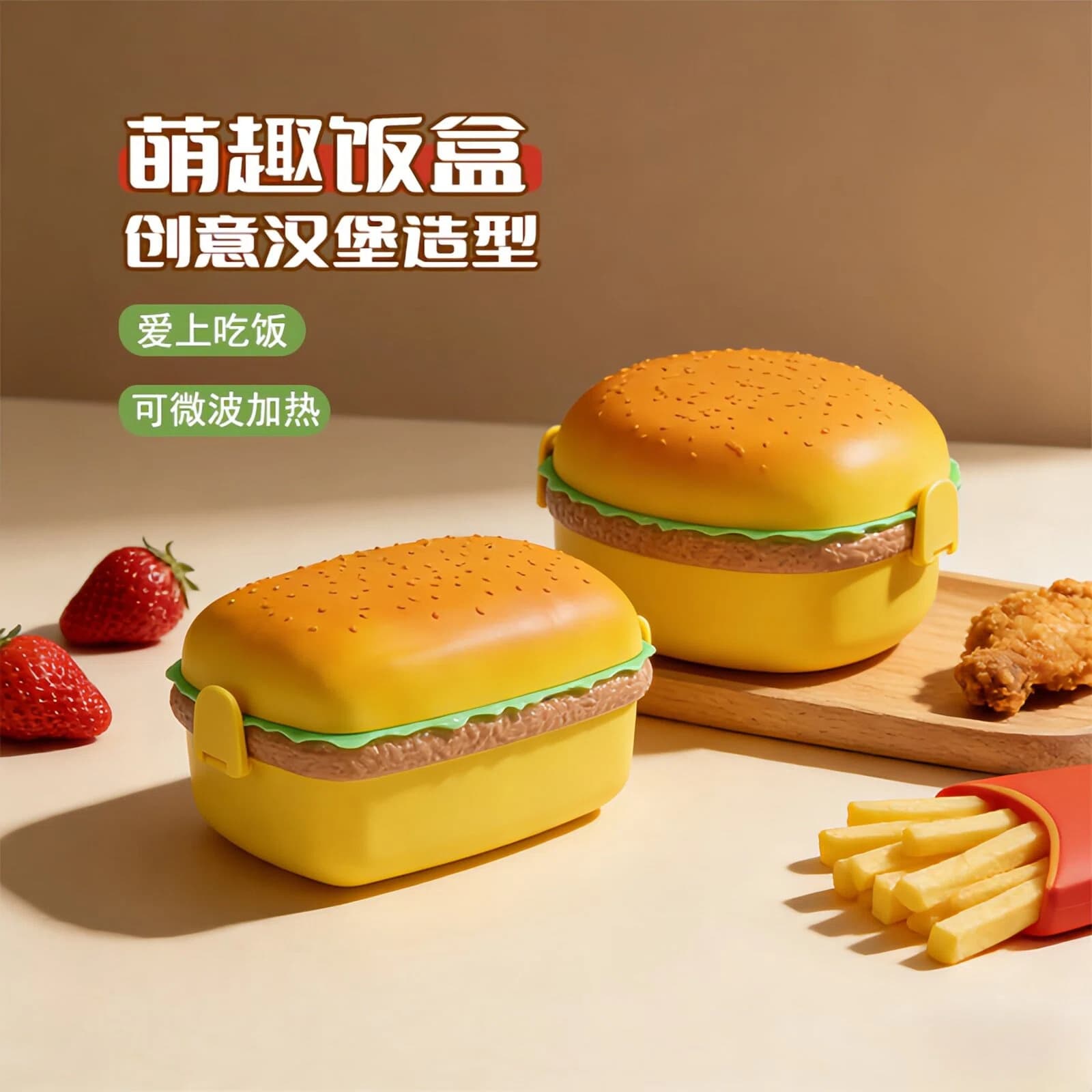 Cross-border Hot Sale Cute Double-layer Burger Lunch Box Food-grade Student Children's Lunch Microwaveable Bento Box