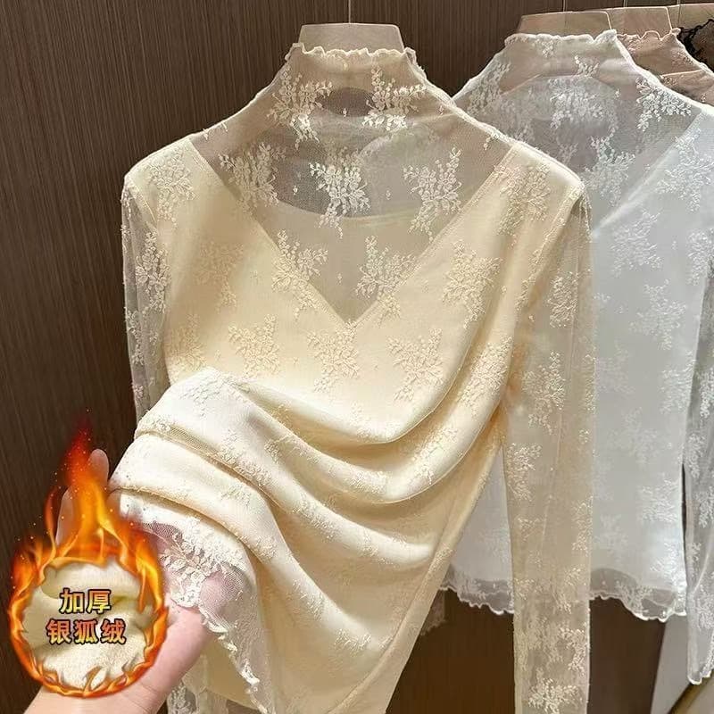Women's high-neck lace base layer top, autumn and winter, fleece-lined inner layer, 2025 new style, layered hollowed-out mesh top