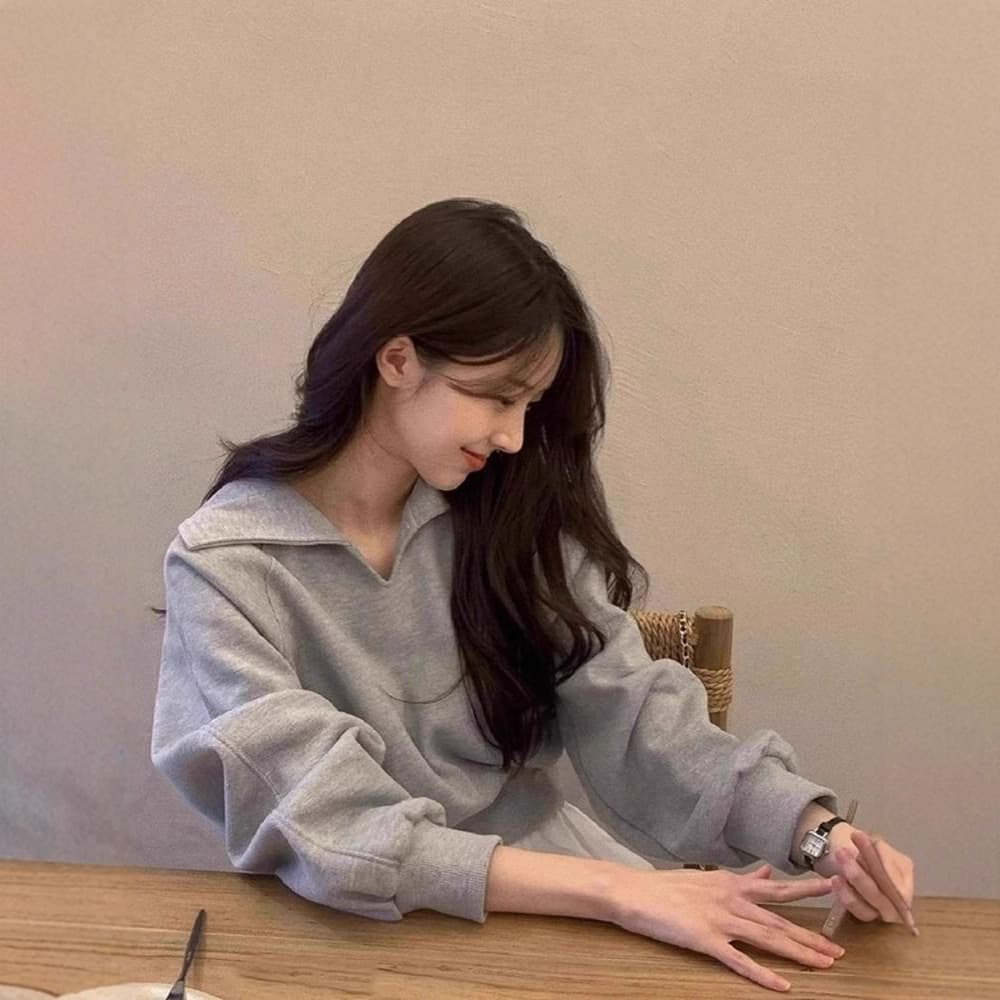 Retro American Grey Collared Sweatshirt Women's Spring Autumn Small Size Casual Lazy Style Loose Short Top Outdoor Wear