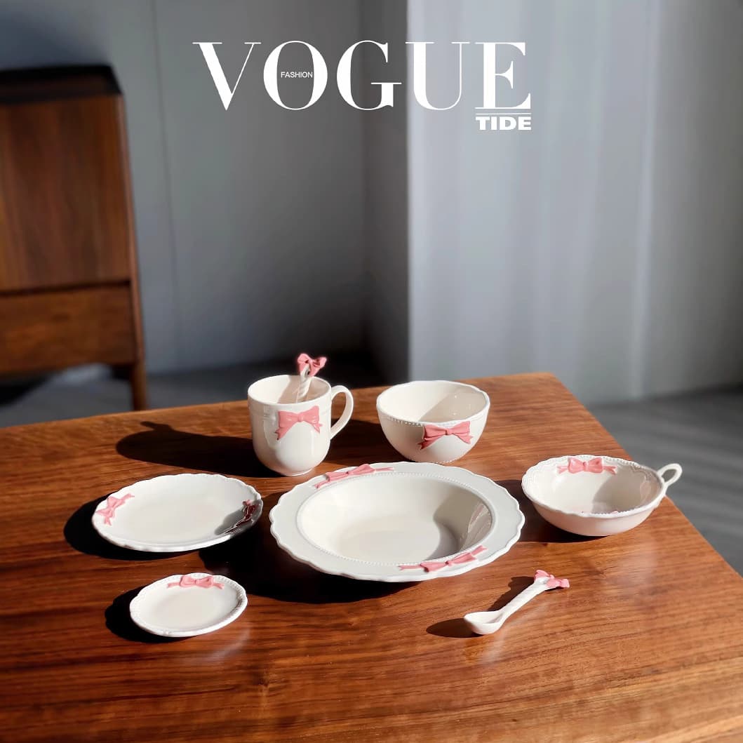 High-Aesthetic Bowknot Cute Small Rice Bowl Cake Dessert Plate Deep Bowl Cup Girl-Heart Ceramic Tableware Home Use Dish
