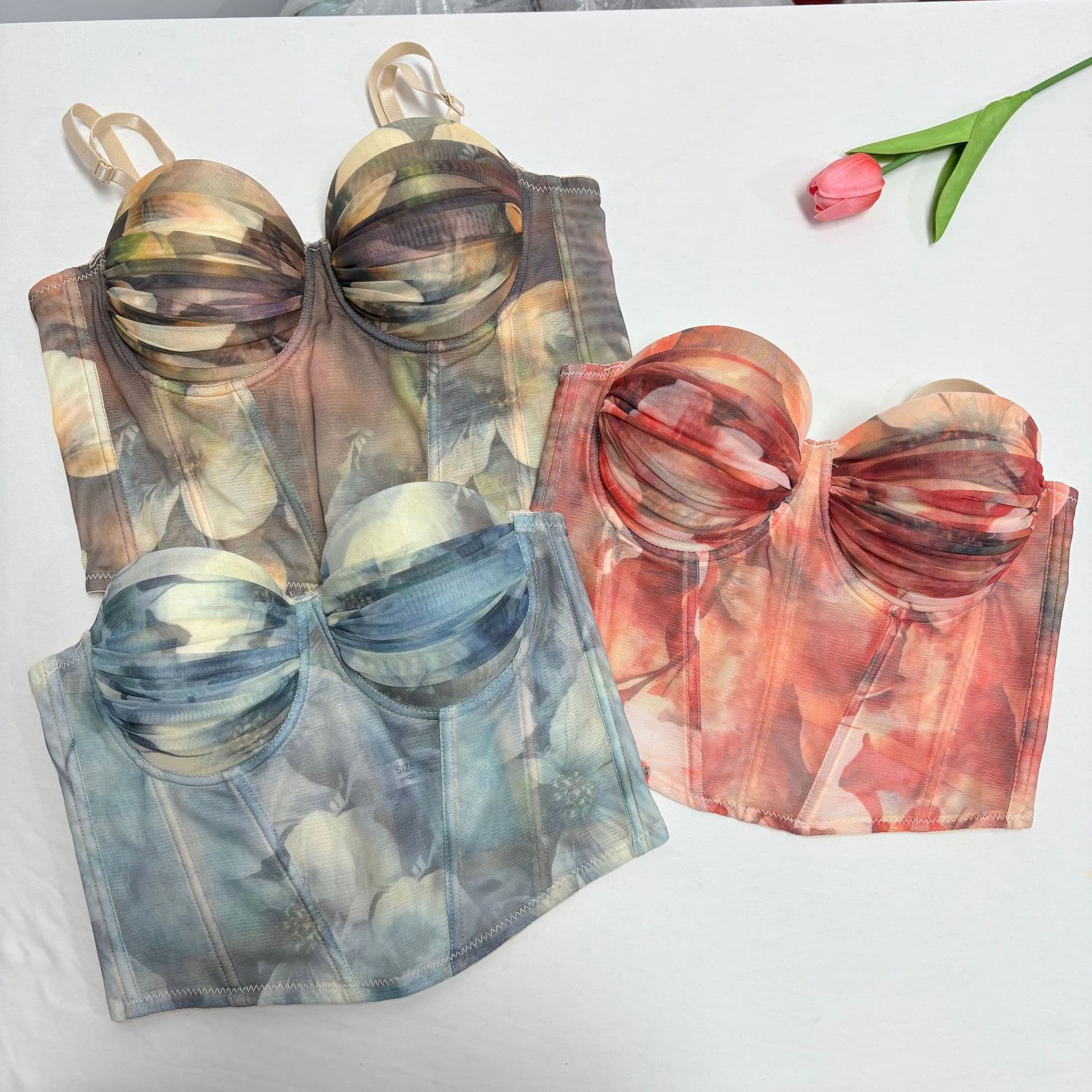 Cross-border foreign trade French printed fishbone tube top outer wear backless women's camisole fishbone bra corset