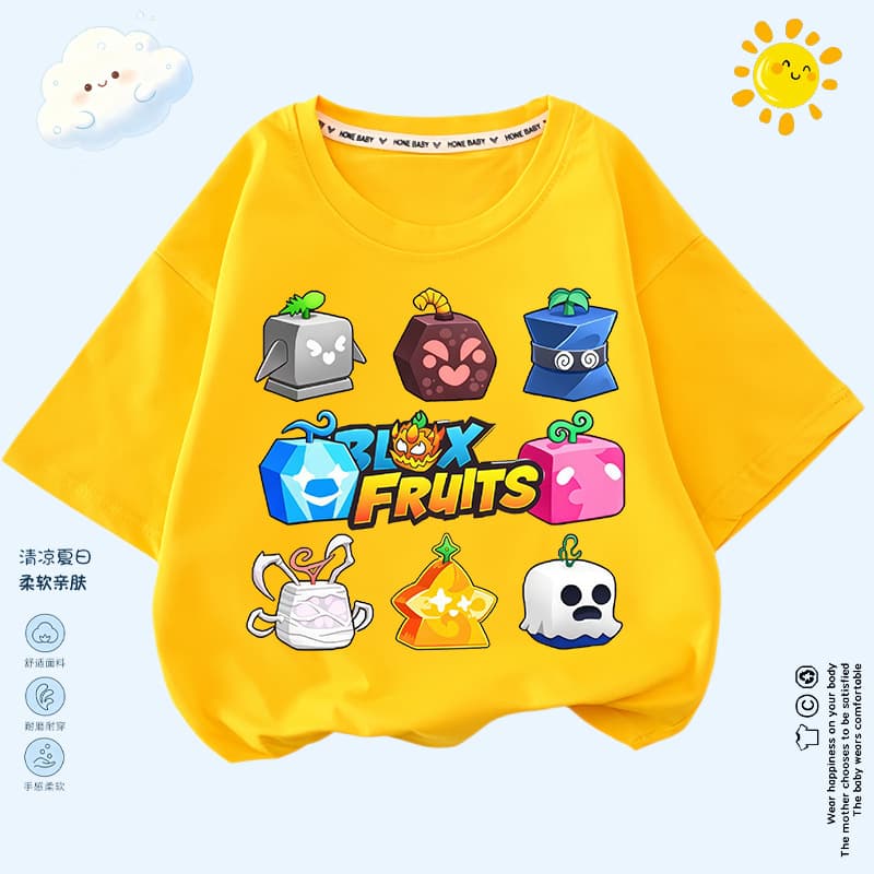 Blox Fruits Boys Short Sleeve T-Shirt Summer Children's Top Roblox Game Fruit Box