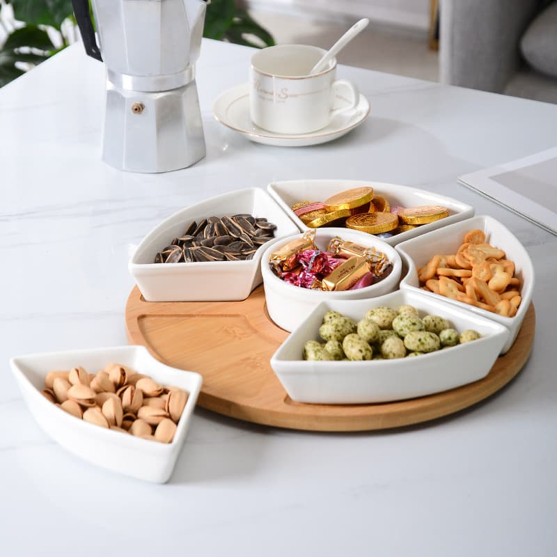 Pure White Ceramic Fruit Plate Snack Plate Grid Plate Dessert Vegetable Salad Platter with Bamboo Tray Rotating Plate