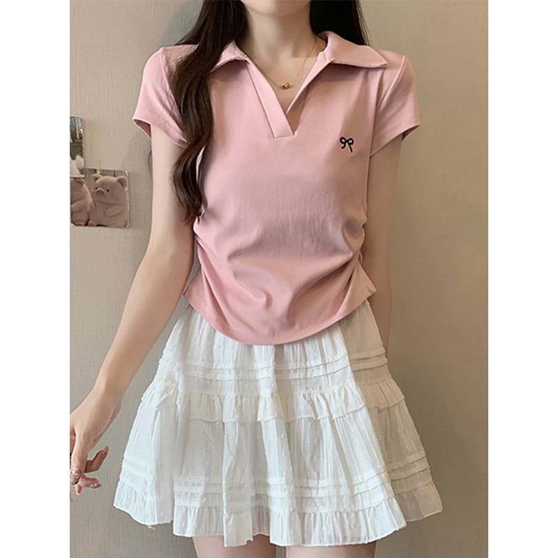 Fitted Polo V-Neck Short Sleeve T-Shirt for Women 2026 Summer New Style Slimming Cropped Solid Color Top Trendy