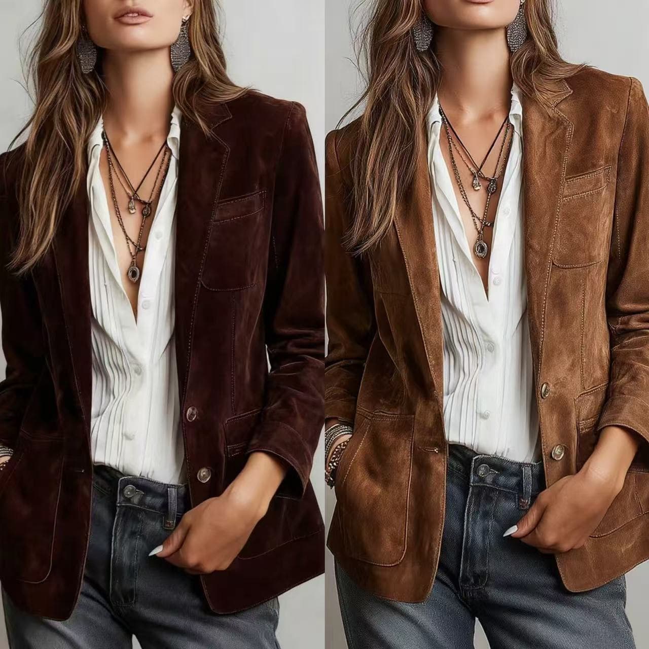 2025 European and American Cross-Border Autum Women's Jacket Elegant Brown Suede Jacket with Flap Pocket Pants and Buttons