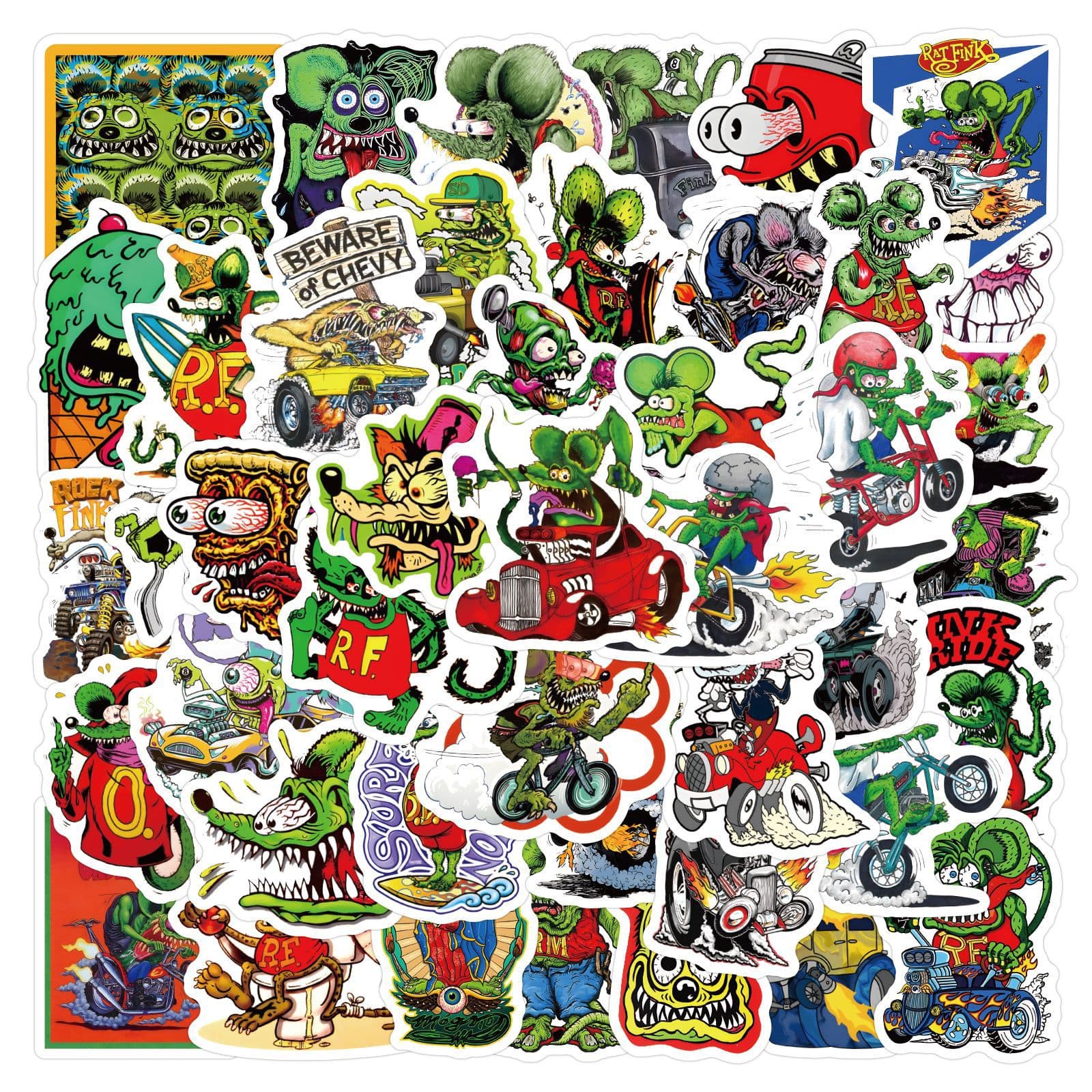60 Sheets Tales of the Rat Fink Stickers, Waterproof Decals for Stationery, Water Bottles, and Laptops