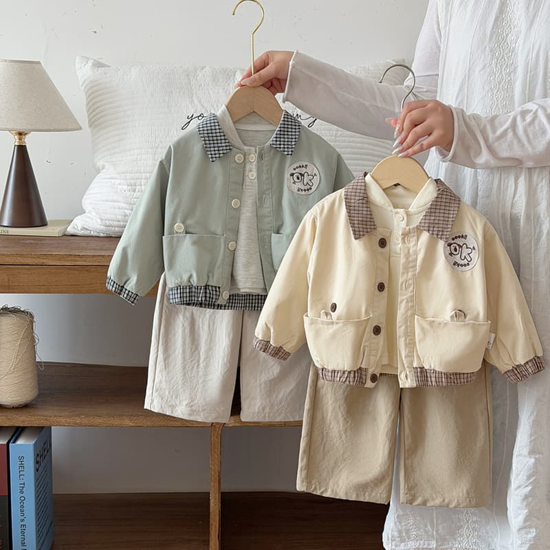 Little boy and baby lapel workwear style jacket three-piece set spring and autumn T-shirt trousers versatile casual wear