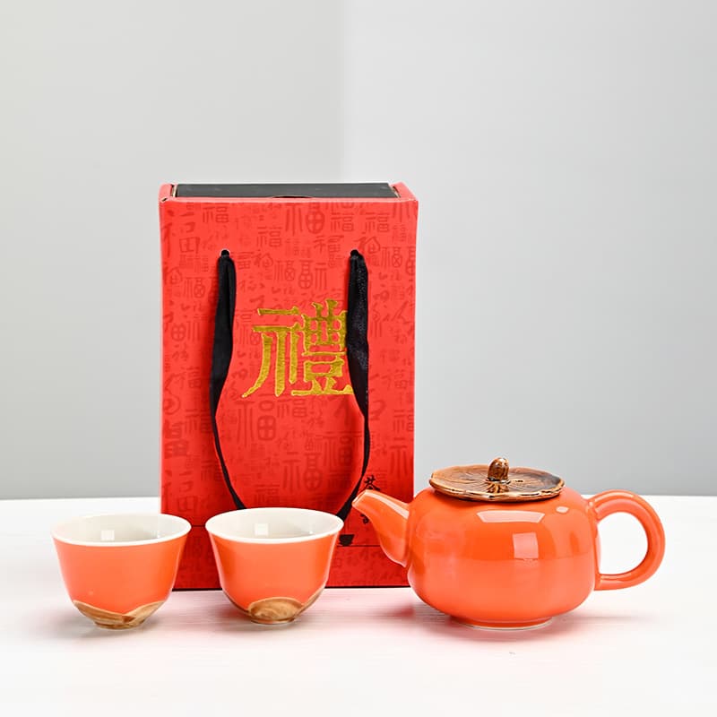 Persimmon Tea Set as a Souvenir - May All Your Wishes Come True (Welcome!) - Outdoor Travel Teapot - Ceramic Small Gift - One Teapot and Two Cups