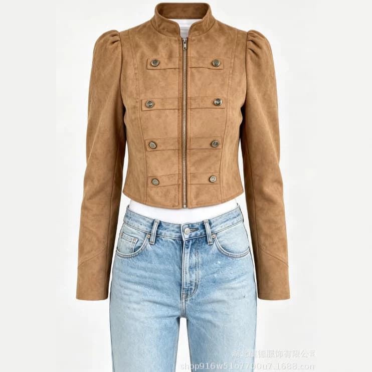 2026 cross-border autumn and winter women's Napoleon style suede short coat stand collar puff sleeves double breasted zipper jacket