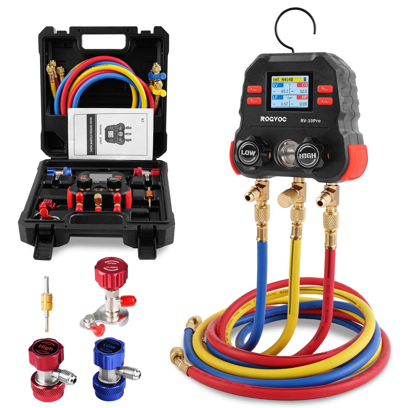 ROGVOC Digital Dual Valve Manifold 10Pro Electronic Digital Pressure Gauge Refrigerant Charging Manifold Set AC Liquid Filling
