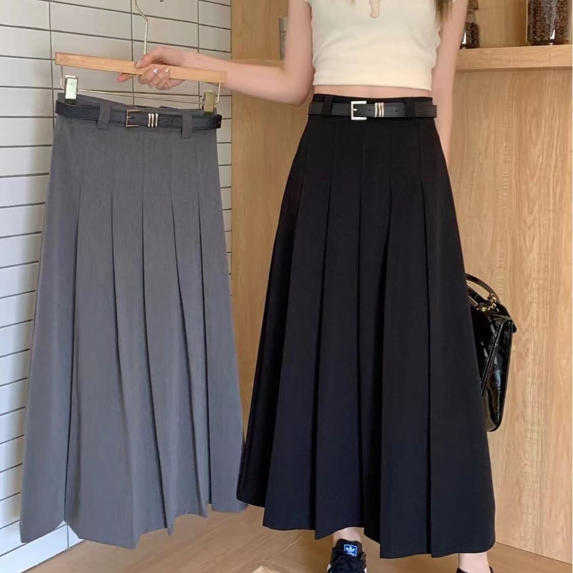 Spring Summer Suit Style Pleated A-Line Midi Skirt Slimming Hip Covering Loose Fit Polyester Blend Fresh Sweet College Style