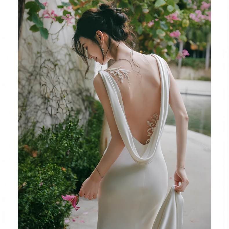 French Style Light Wedding Dress Simple Travel Photography Sexy Backless Welcome Engagement Dinner Fish Tail Small Train Wedding Banquet Evening Gown