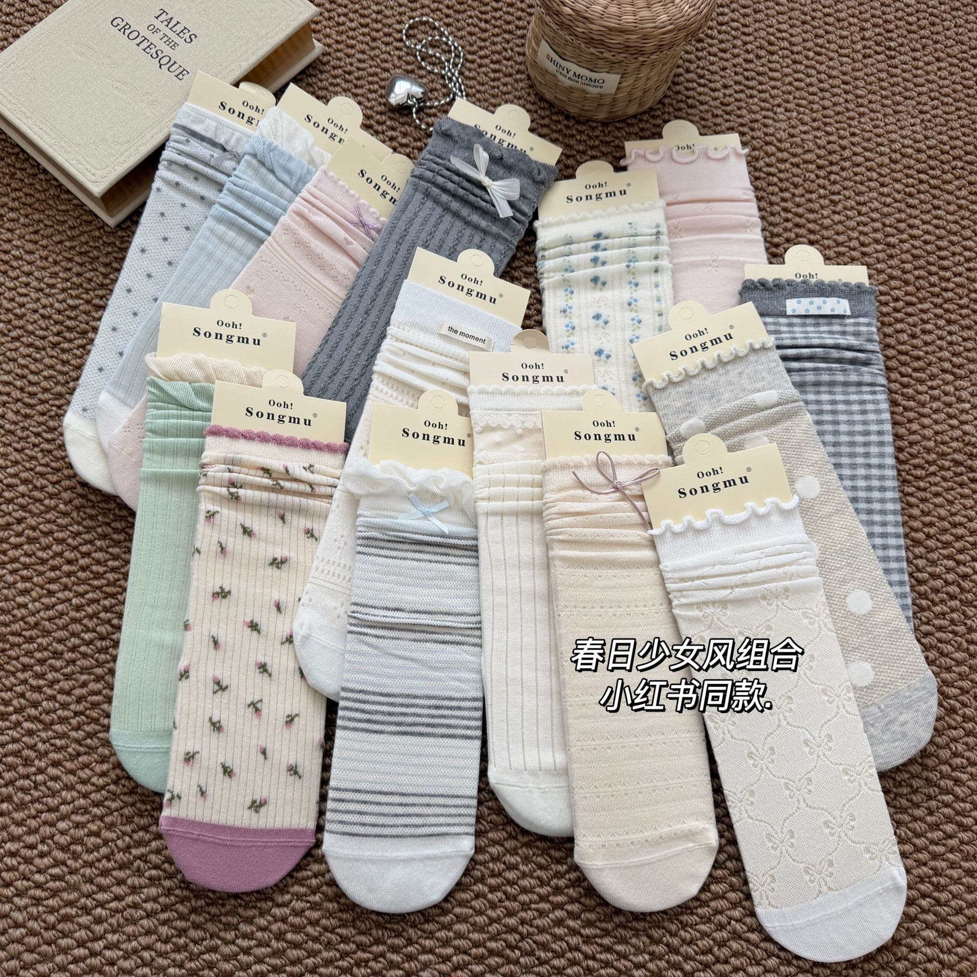 Songmu Spring Girl Style Collection Spring/Summer Thin Breathable Bow Floral Ballet Mid-Calf Socks for Women