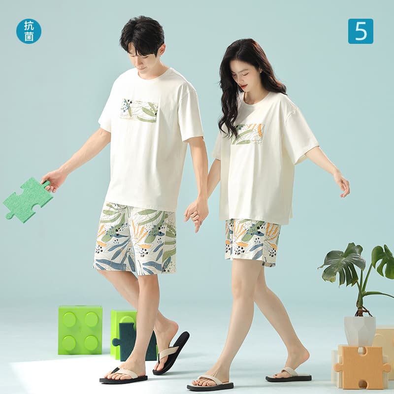 [Antibacterial Xinjiang Cotton] Vacation Style Summer Stretch Cotton Wear-Out Couple Pajamas Women's Short Sleeve Class A Men's Set