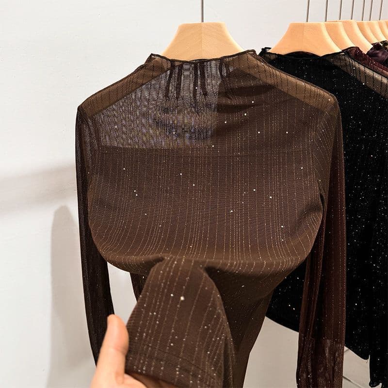 Shiny Half High Neck Mesh Base Top for Women 2026 New Spring Autumn Slim Fit Long Sleeve T-Shirt Glitter Top